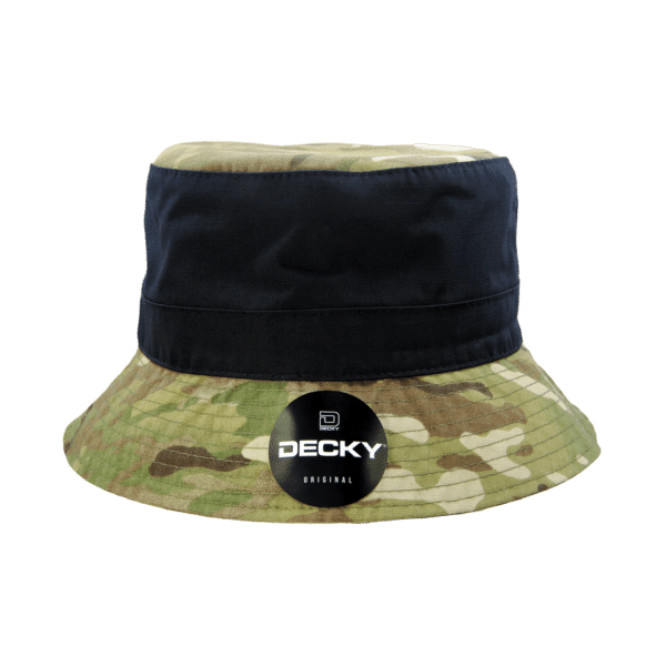 A Multicam bucket hat featuring a camouflage pattern with a dark navy band and a branding logo.