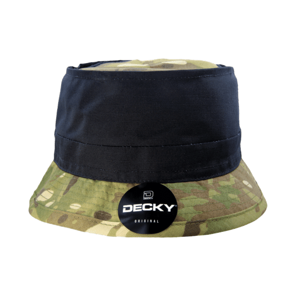 A Multicam bucket hat featuring a camouflage design with a black band. It includes a logo on the side.