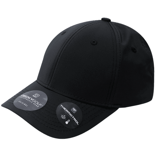 A black cap featuring a logo, designed for a sleek and stylish look.