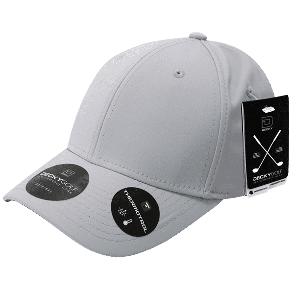 A grey cap with a structured design and multiple branding labels attached.