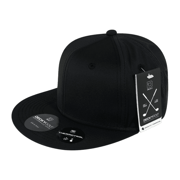 A black snapback cap featuring a logo and tags. The cap has a flat brim and a structured design.