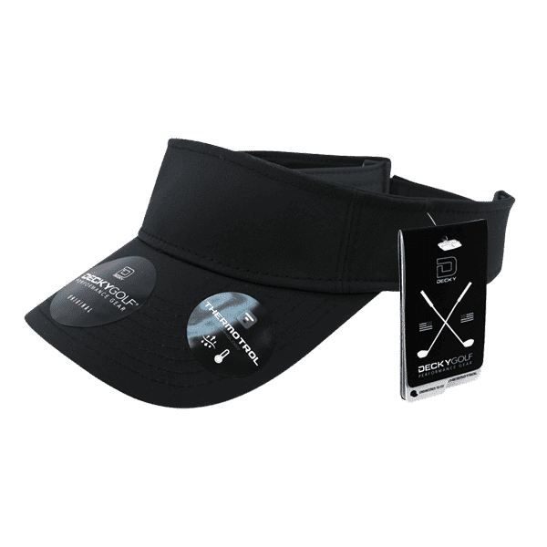 A black sun visor with a wide brim, featuring a logo and attached tag.