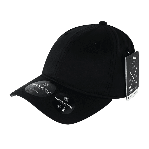 A black cap with a curved brim and tags. It features a logo and is designed for headwear.