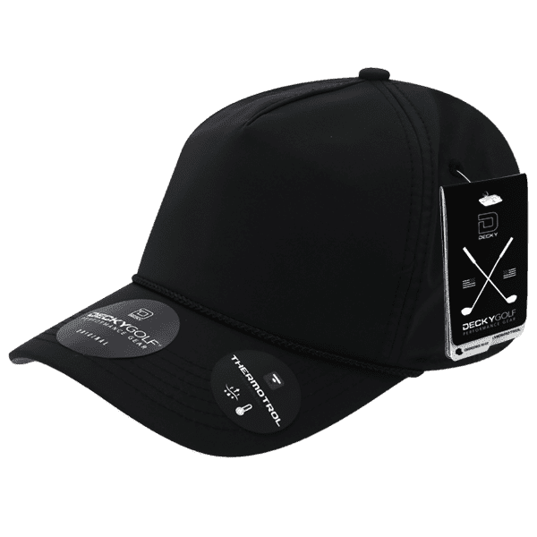 A black five-panel cap with a sleek design and a logo, featuring multiple tags and labels.