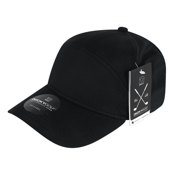 A sleek black cap with a logo and tags, featuring a seven-panel design.