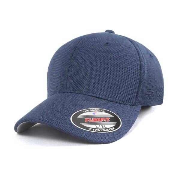 A navy blue cap with a structured design, featuring a logo on the side and a size tag attached.