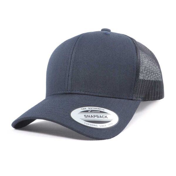 A navy trucker cap featuring a mesh back and a branded patch on the front.