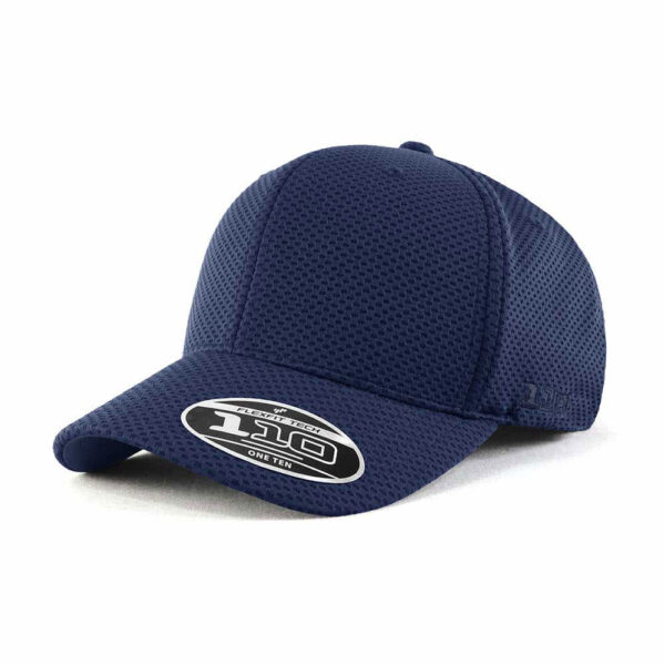 A navy blue cap made from mesh fabric, featuring a logo and a curved peak.