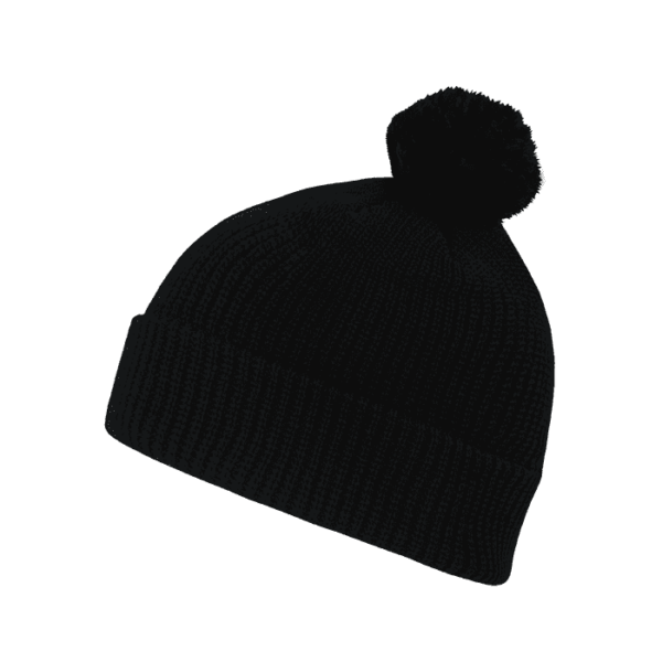 A black beanie with a pom pom on top, featuring a ribbed design and a logo.