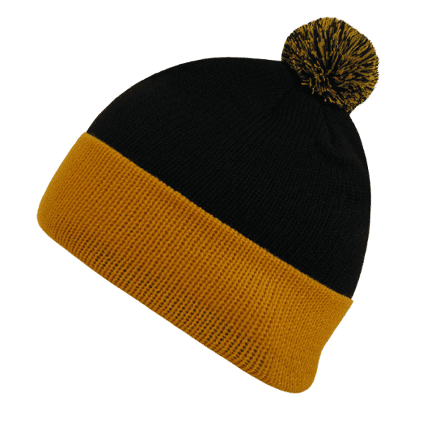 A black and gold beanie featuring a contrasting pom pom on top and a ribbed texture.