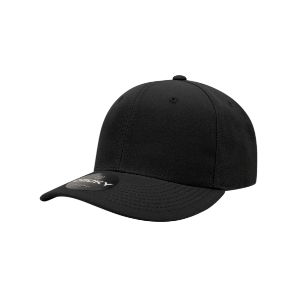 A black 6-panel mid-profile cap with a curved brim and a logo on the front.