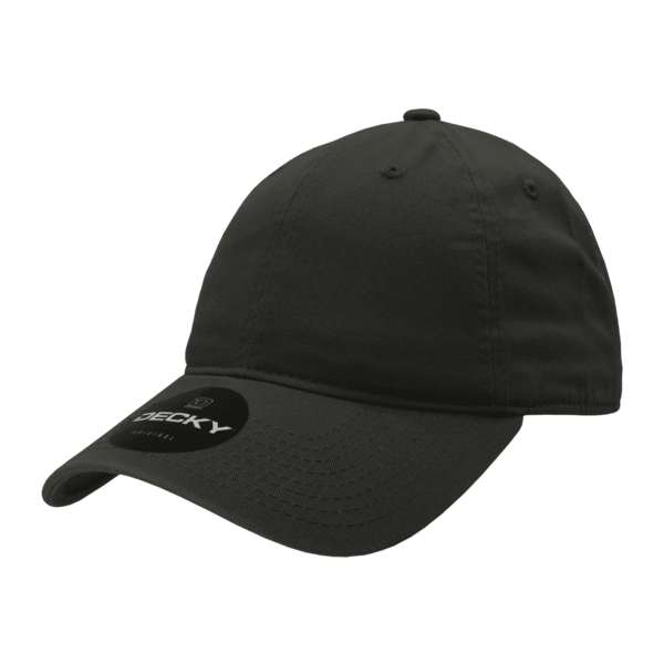 A black six-panel low-profile cotton cap with a curved brim and a logo on the front.