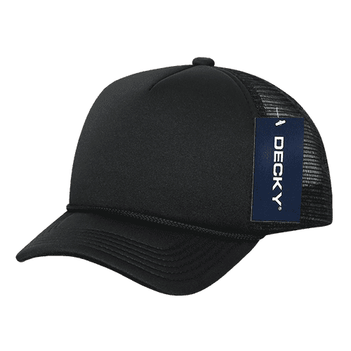 A black foam trucker cap with a mesh back and a label attached.