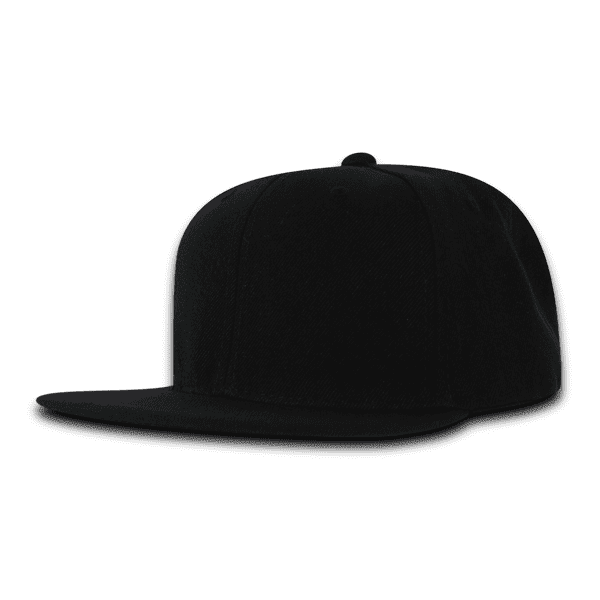 A black Youth 6 Panel High Pro Acry/Poly Snapback cap with a logo design.