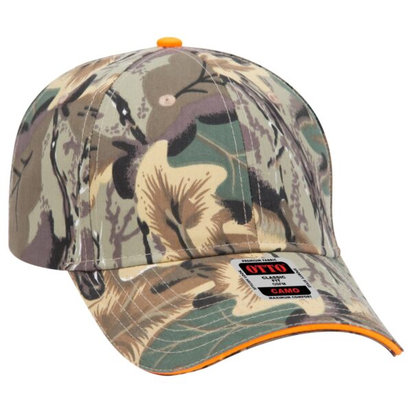 A camo-patterned six-panel baseball cap with an orange accent and a logo on the front.