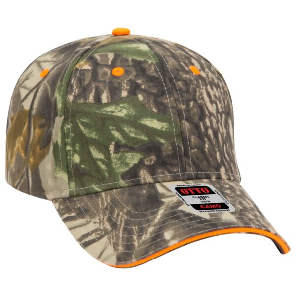 A camouflage 6-panel baseball cap with orange accents and a branding label on the side.