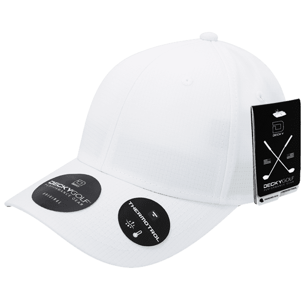 A white cap with a structured design and logos. It features promotional tags highlighting its brand and style.