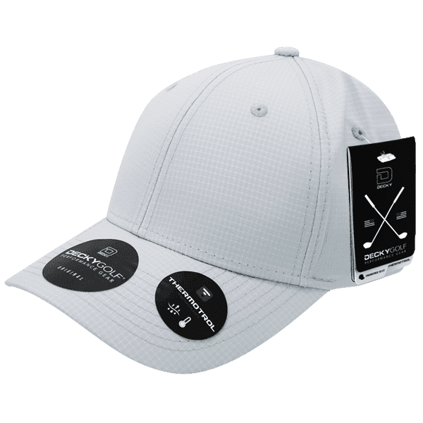 A light grey cap with a structured design, featuring a logo and tags. Ideal for headwear collection.