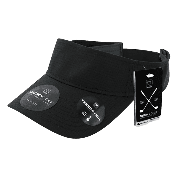 A black sun visor with tags attached, featuring a logo and two circular stickers.