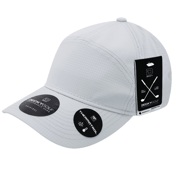 A grey cap with a curved brim and a logo, featuring a textured design and tags attached.