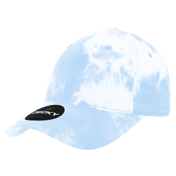 A 6-panel low-profile dad hat in a light blue tie-dye pattern with a logo on the front.