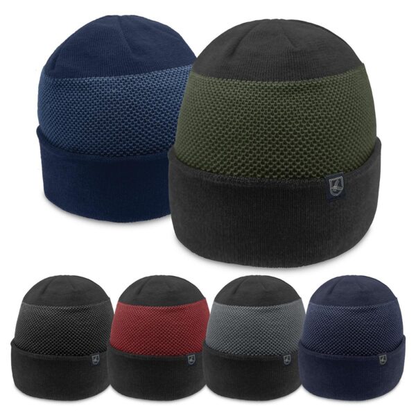 A collection of beanies in various colours, including navy, green, black, and red, featuring a mesh design and branding.