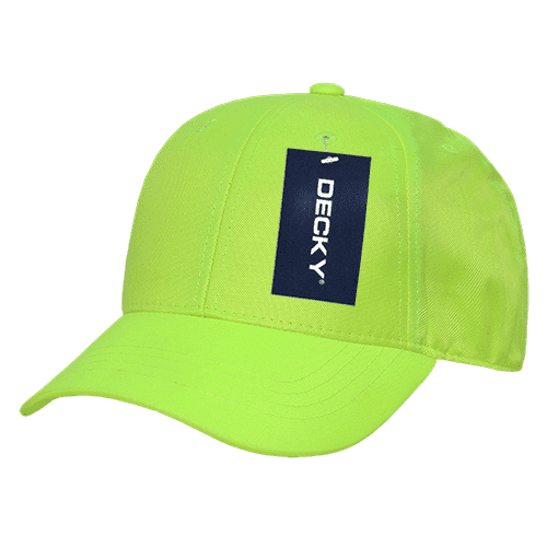 A neon green cap with a low profile design and a logo on the front.