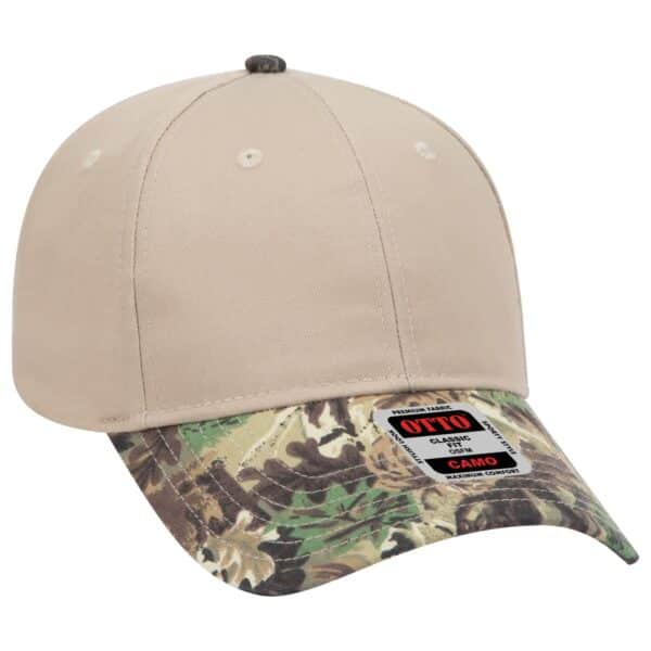 A beige cap with a camouflage brim, featuring a logo on the front.
