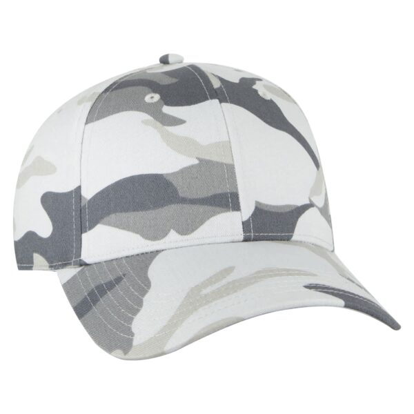 A grey and white camo-patterned 6-panel baseball cap with a curved brim and logo on the front.