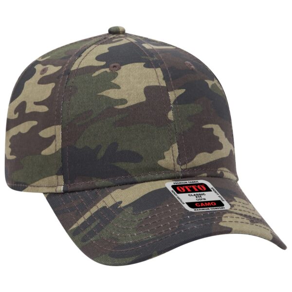 A camouflage 6-panel baseball cap featuring a branded logo on the front.