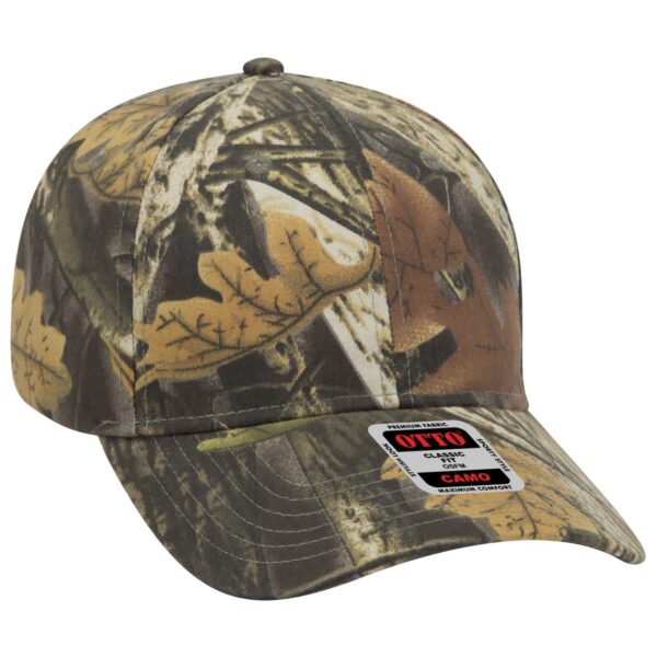 A six-panel baseball cap in camouflage pattern featuring earthy tones with a logo on the front.