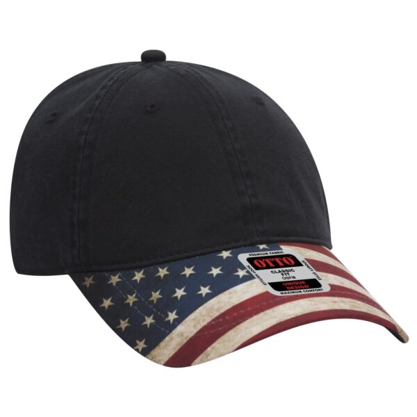 A black 6-panel baseball cap featuring an American flag design on the visor, with a logo on the front.