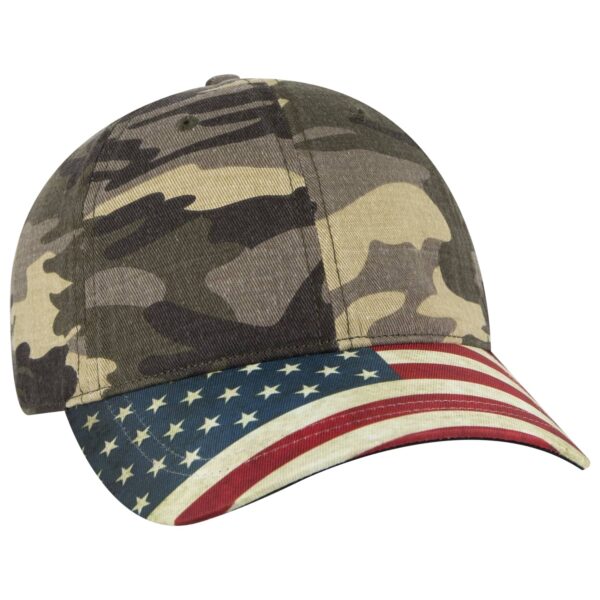A camouflage baseball cap featuring an American flag print on the brim, with a structured six-panel design.