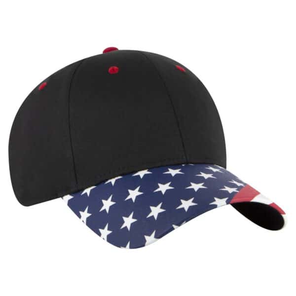 A black baseball cap featuring a star-patterned brim in red, white, and blue, with a logo on the side.