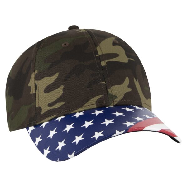 A baseball cap featuring a camouflage design on the crown and an American flag pattern on the brim. Includes a logo.