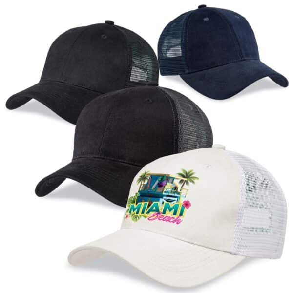 Premium soft mesh caps in black, navy, and white with a graphic design and logo on the front of the white cap.