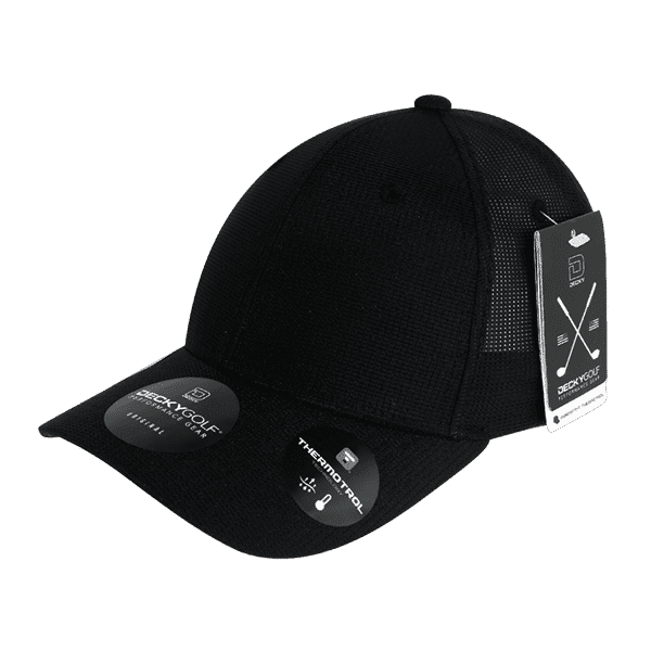 A black cap with mesh panels and a logo, featuring tags for product information.