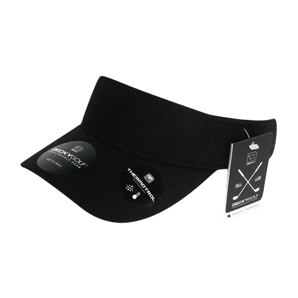 A black sun visor with a wide brim and an attached tag, featuring branding.