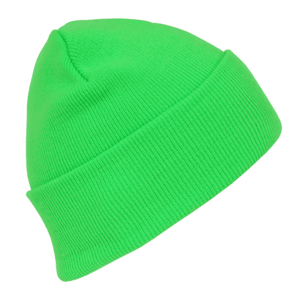 A bright green acrylic beanie with a ribbed texture, showcasing a snug fit. It features a logo on the side.