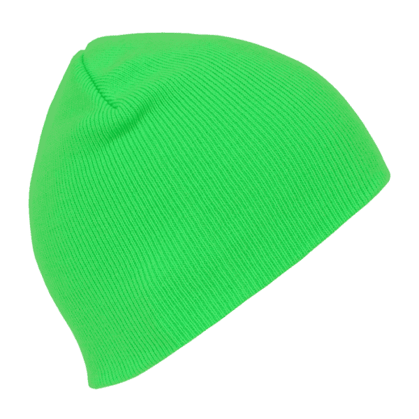 A vibrant green beanie made of acrylic, featuring a snug fit. The product has a logo on it.
