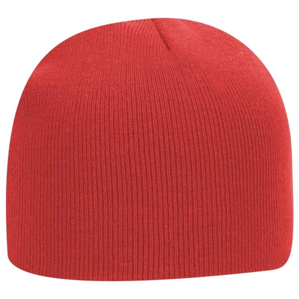 A red beanie with a ribbed texture, featuring a simple design and no visible branding.
