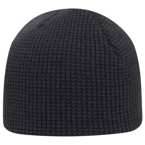A black beanie with a textured pattern, featuring a logo on the side.
