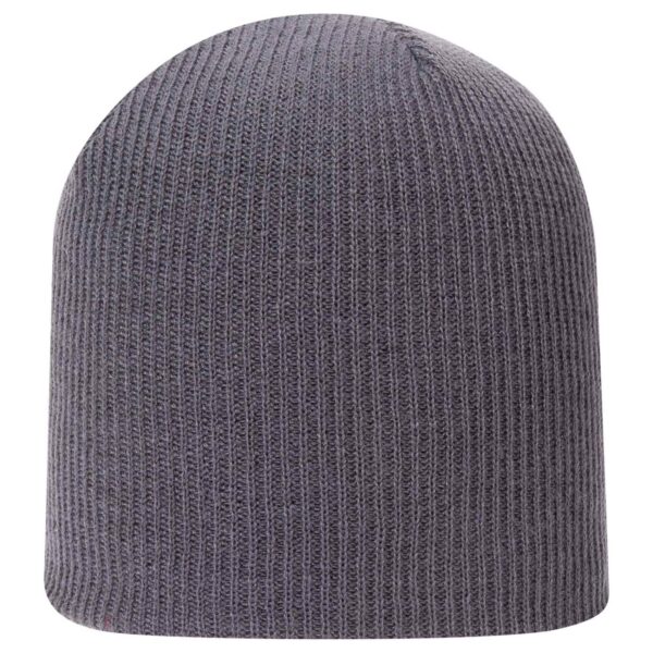 A grey ribbed beanie with a fitted design and a subtle logo.
