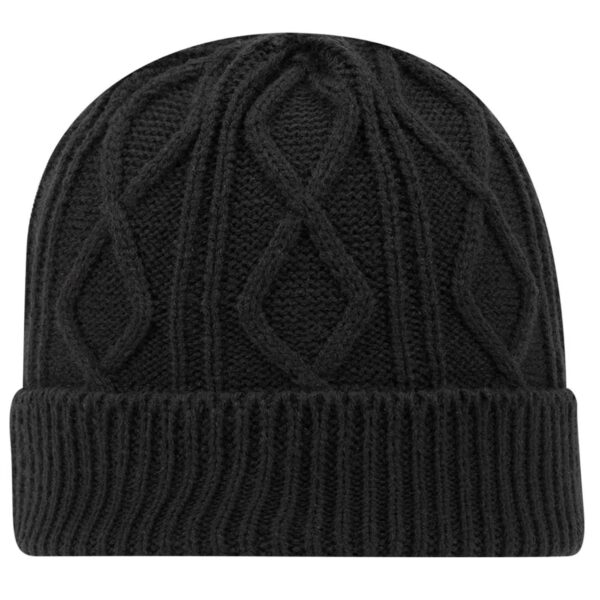 A black cable knit beanie with a textured pattern and a ribbed cuff. It features a logo on the side.