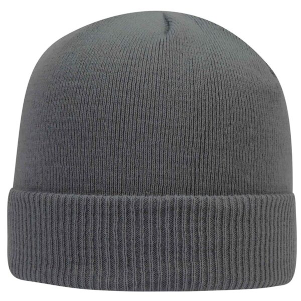 A grey beanie with a ribbed cuff, featuring a smooth crown and no visible logos.