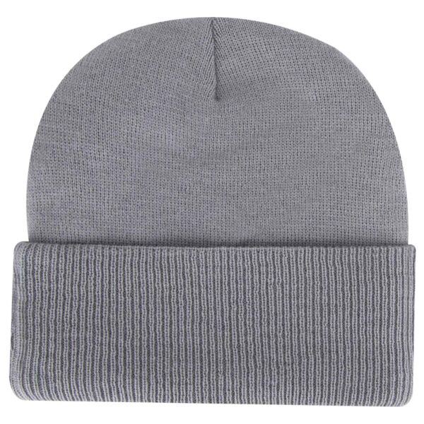 A grey beanie with a folded ribbed cuff and a seamless top. It features a logo on one side.