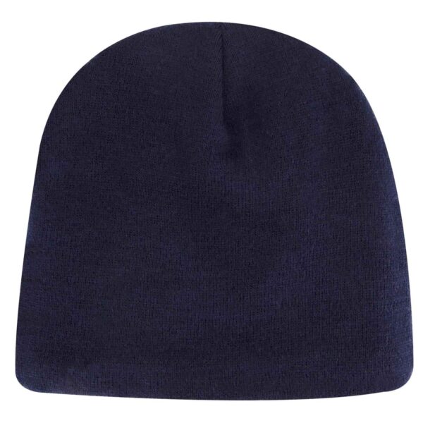 A navy beanie with a seamless, rounded top and a soft texture. It has a branded logo on the side.