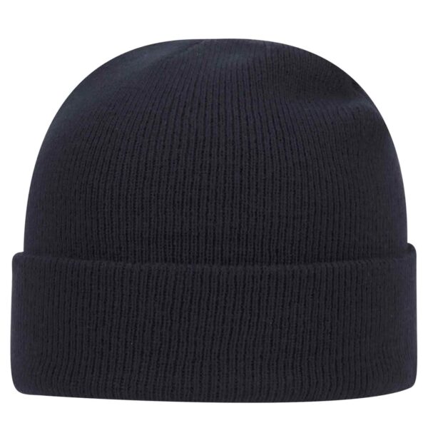 A black beanie with a ribbed texture and a folded cuff, featuring a logo.