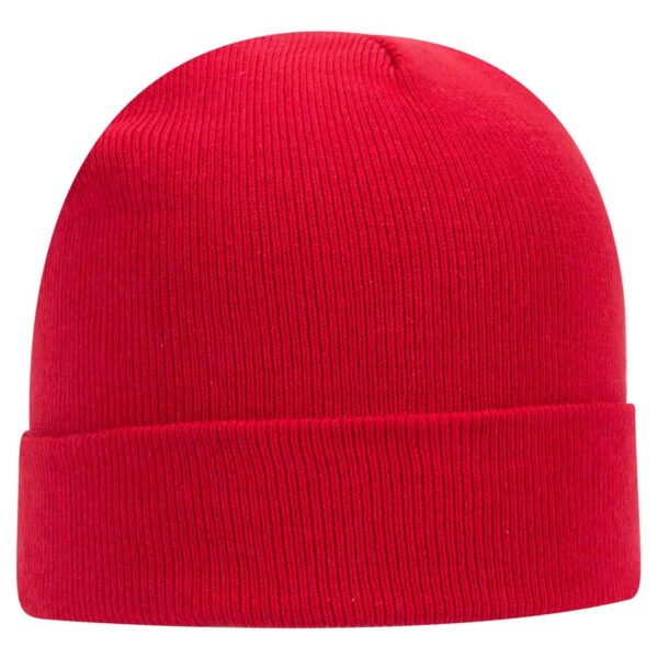 A bright red beanie displayed with a folded cuff, featuring a simple design and a woven logo.