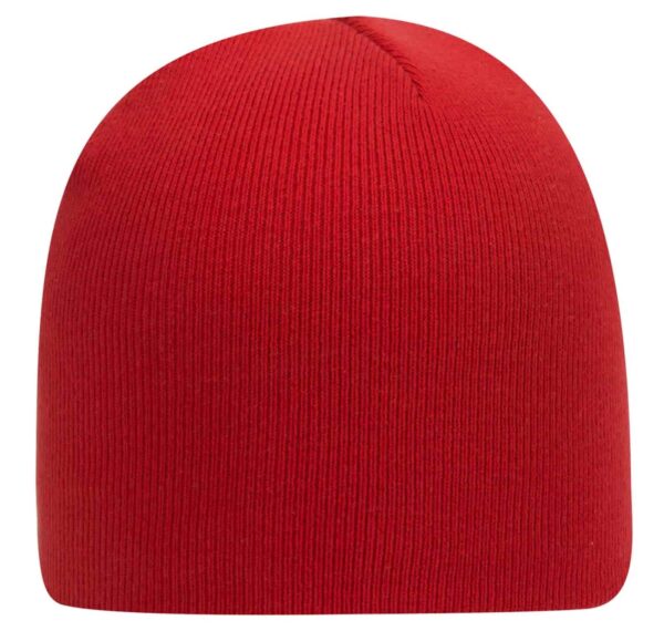 A red beanie with a smooth ribbed texture and a rounded top, featuring a logo on the side.